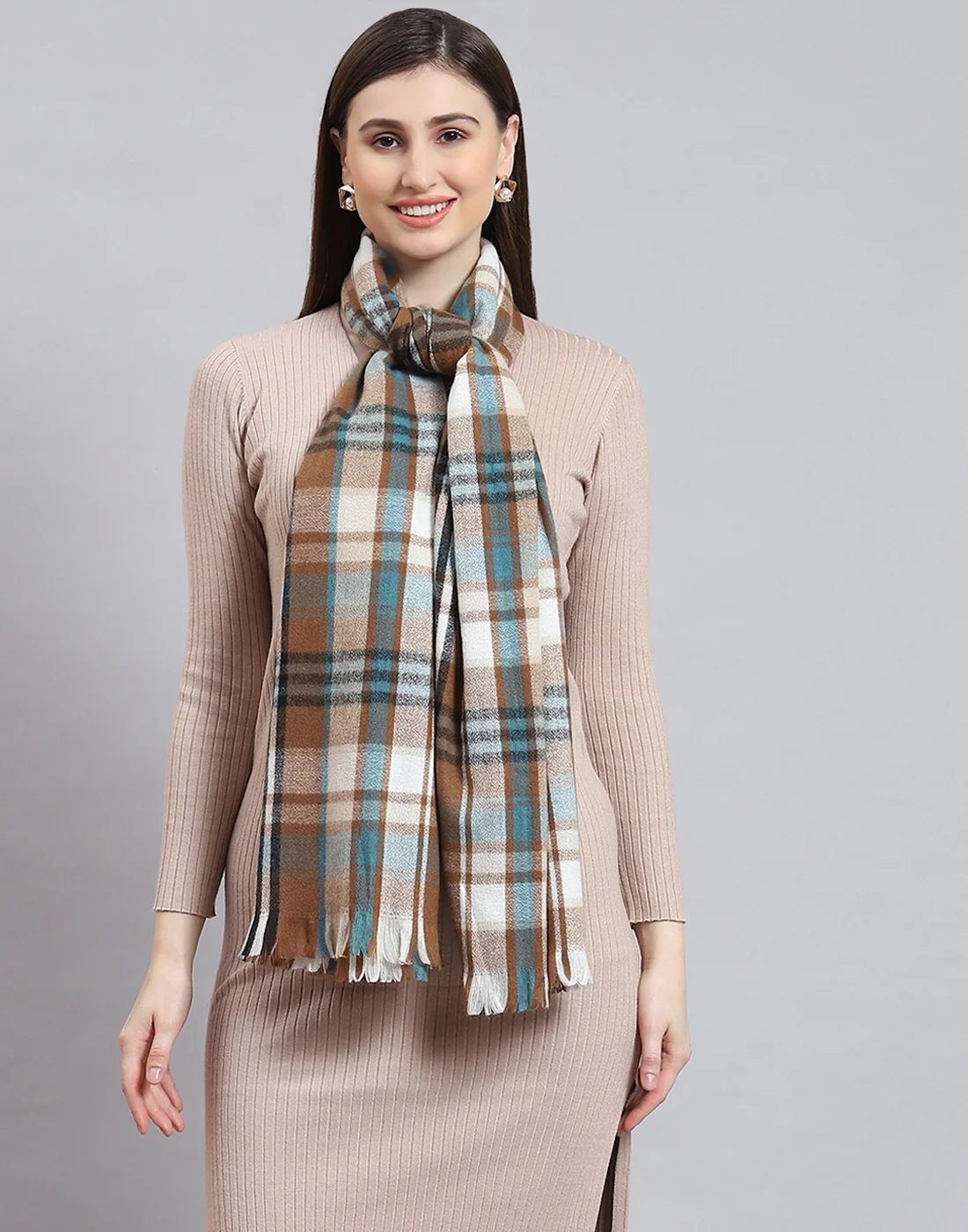 Women Brown Check Stole - Image 2