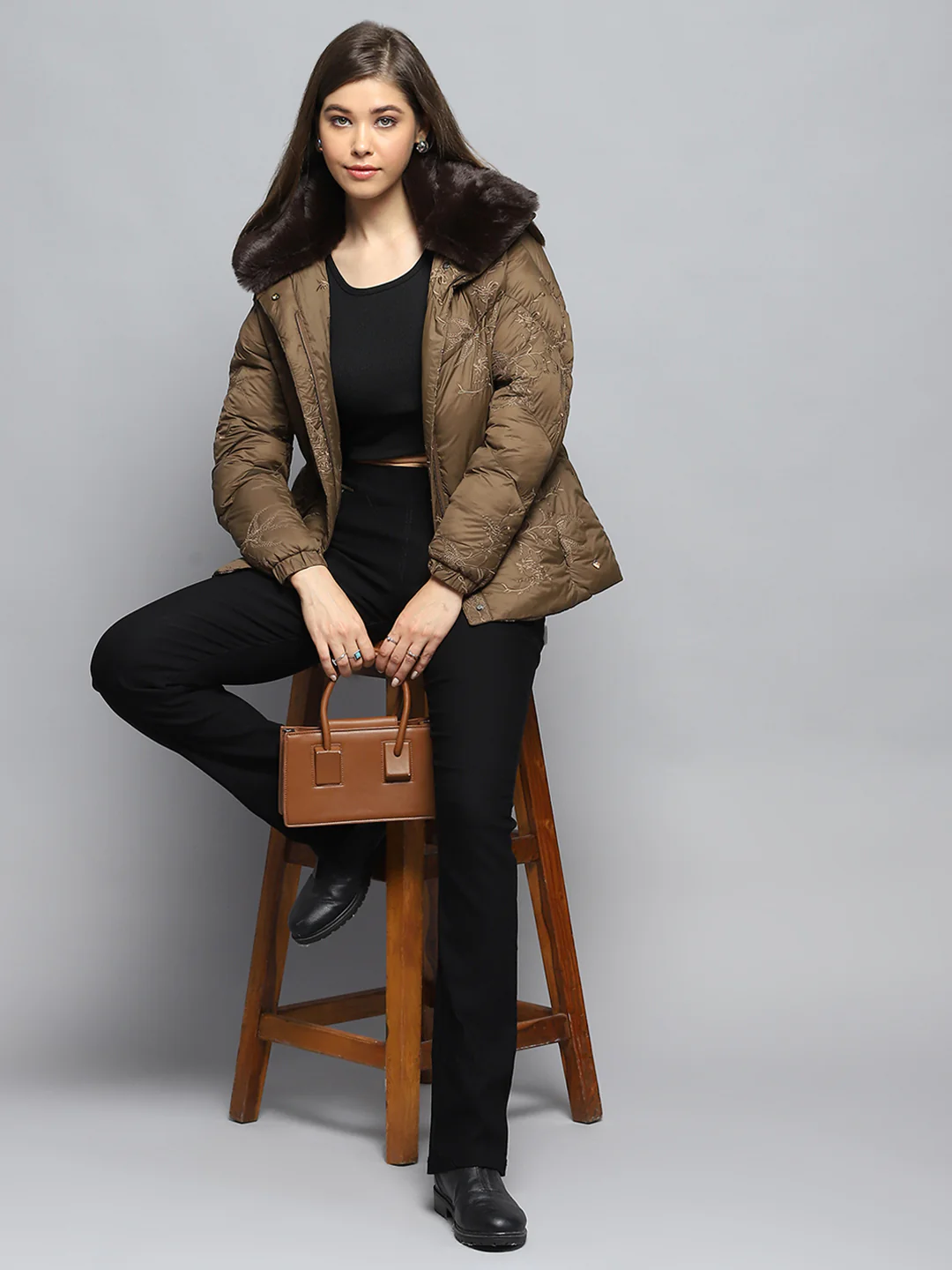 Women Brown Embroidered Collar Full Sleeve Jacket - Image 2