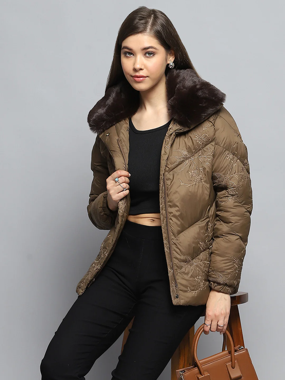 Women Brown Embroidered Collar Full Sleeve Jacket - Image 6