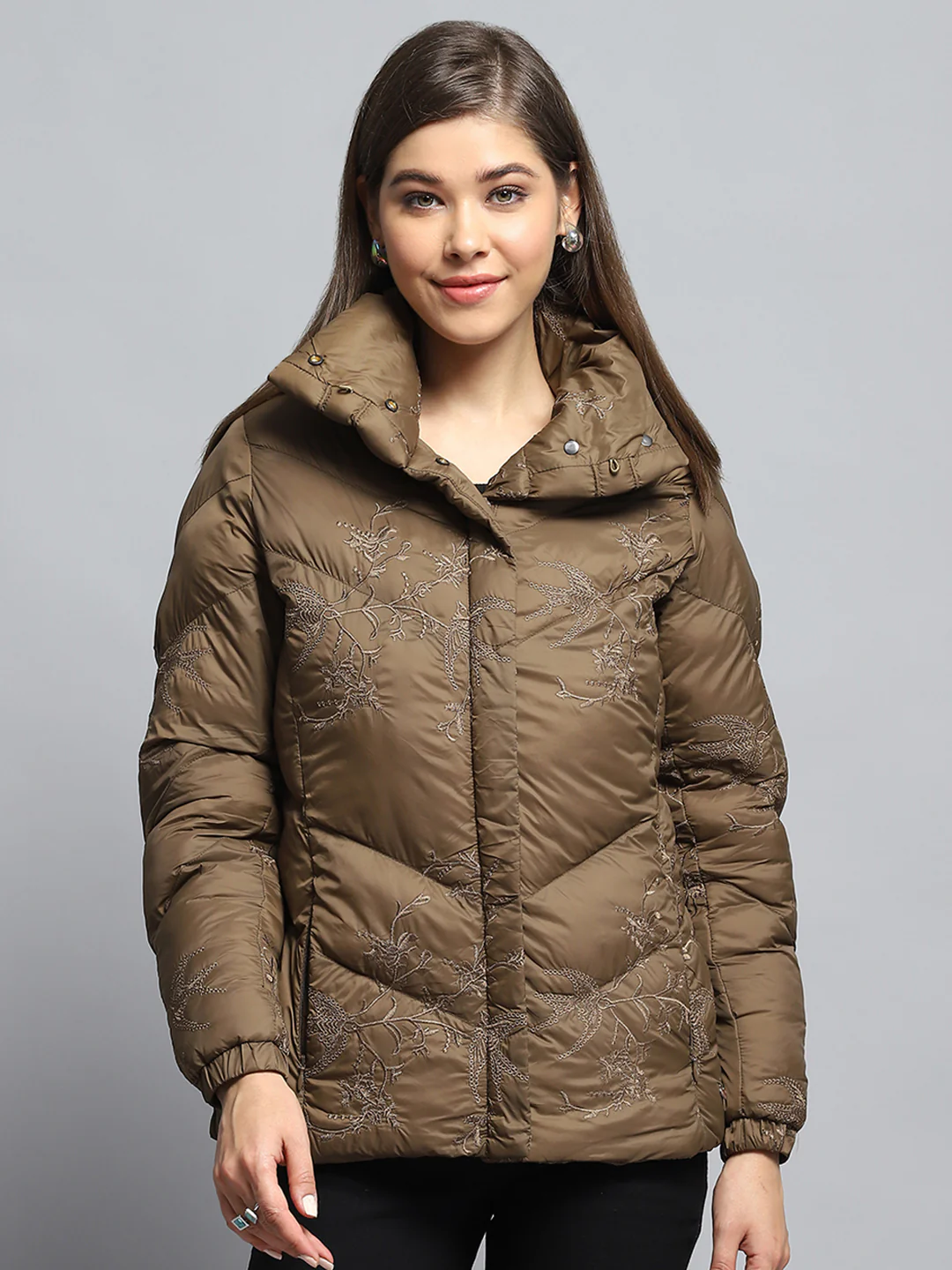 Women Brown Embroidered Collar Full Sleeve Jacket - Image 7