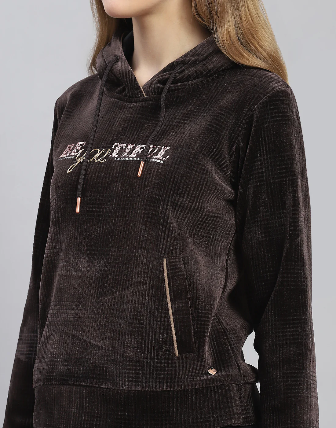 Women Brown Embroidered Hooded Full Sleeve Sweatshirt - Image 6