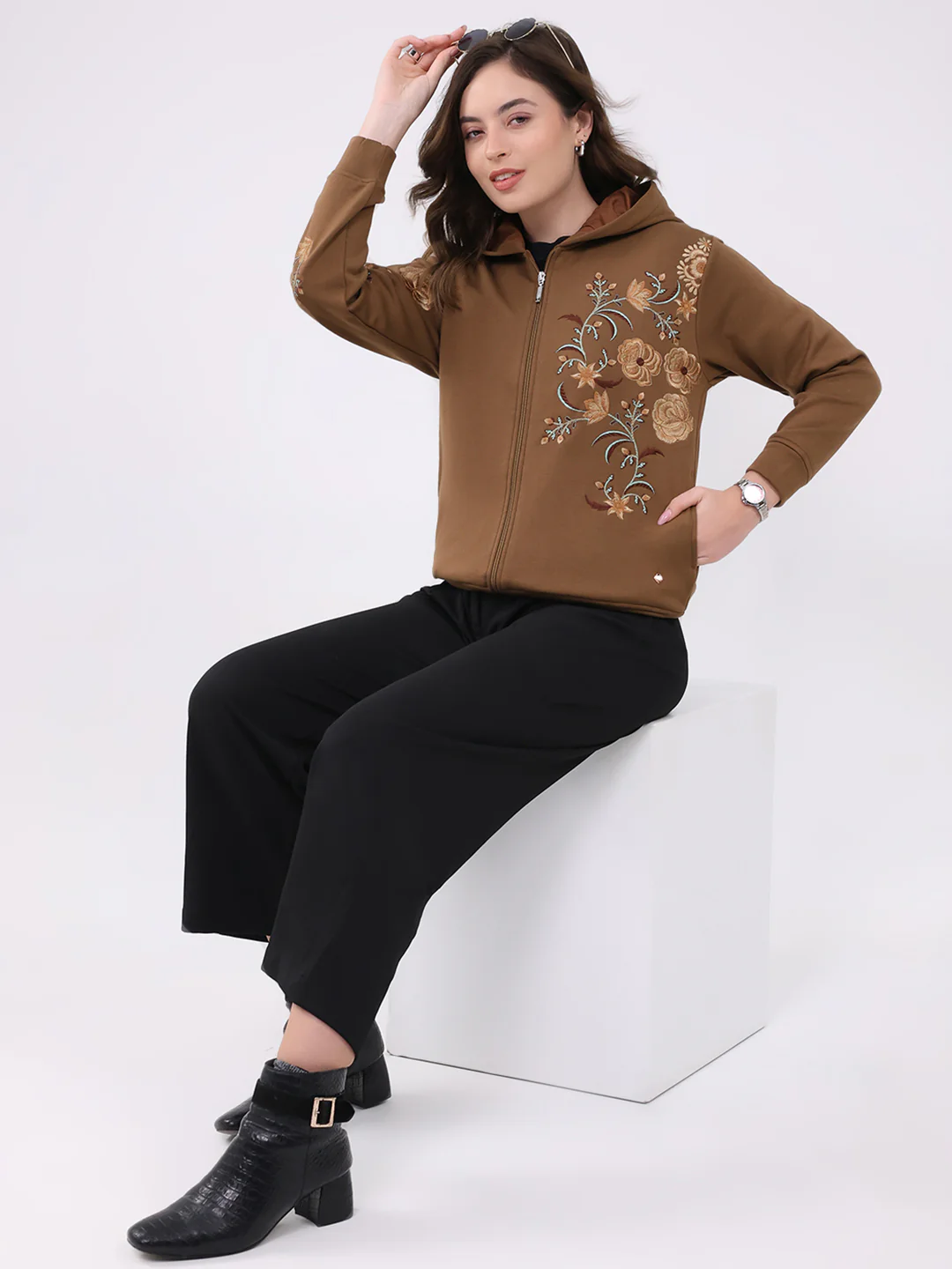 Women Brown Embroidered Hooded Full Sleeve Sweatshirt - Image 2