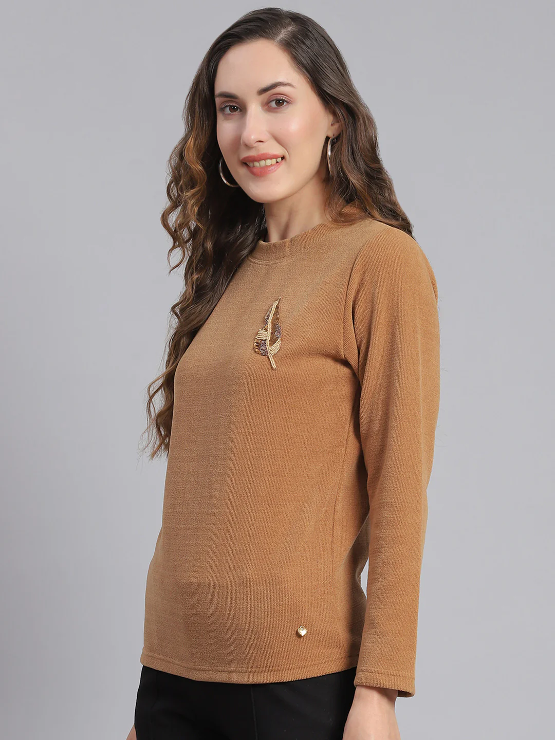 Women Brown Embroidered Round Neck Full Sleeve Sweater - Image 4