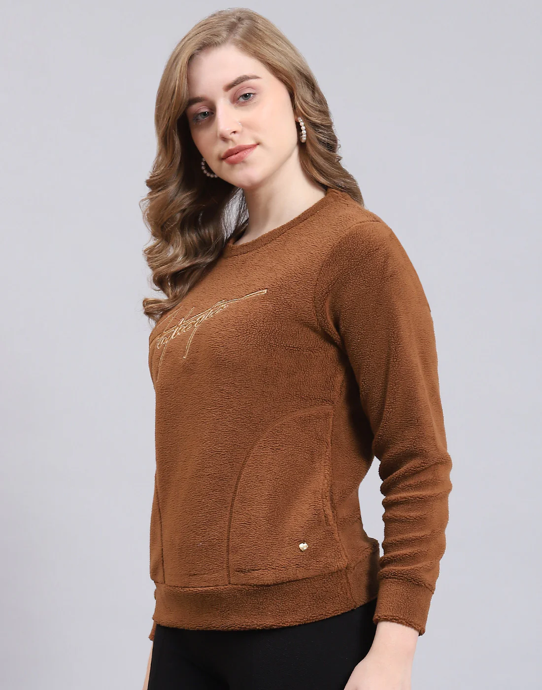 Women Brown Embroidered Round Neck Full Sleeve Sweatshirt - Image 3