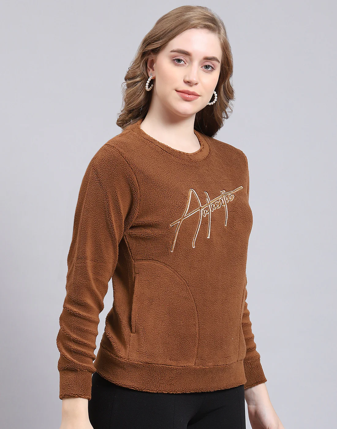 Women Brown Embroidered Round Neck Full Sleeve Sweatshirt - Image 4