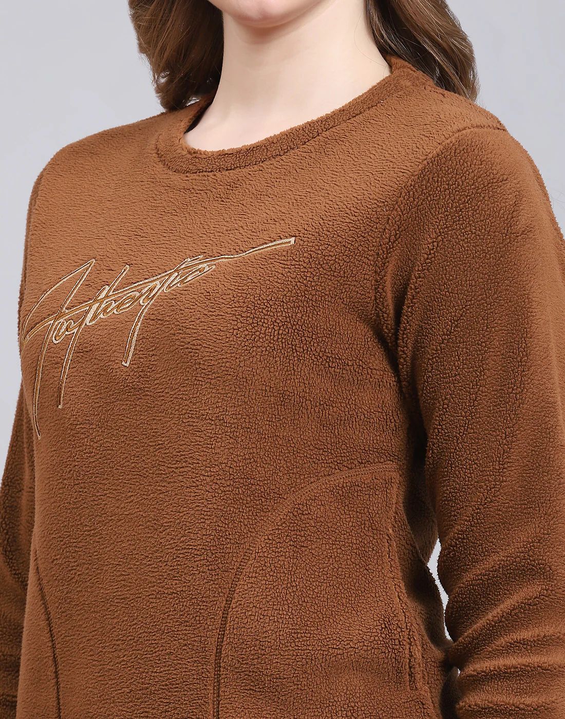 Women Brown Embroidered Round Neck Full Sleeve Sweatshirt - Image 6