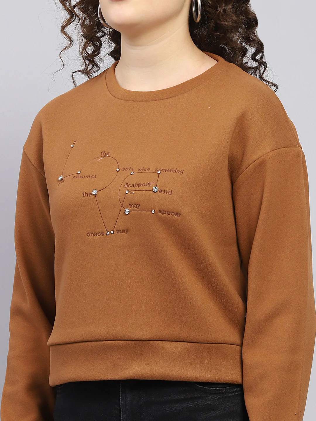 Women Brown Embroidered Round Neck Full Sleeve Sweatshirt - Image 6