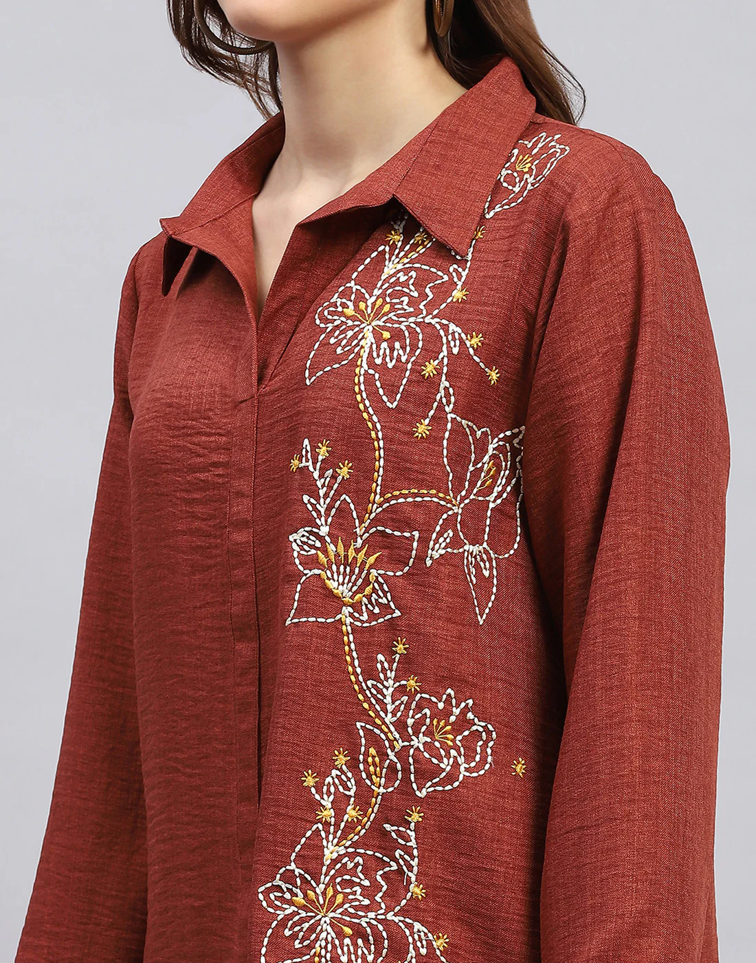 Women Brown Floral Print Collar Neck Full Sleeve Cords Set - Image 7