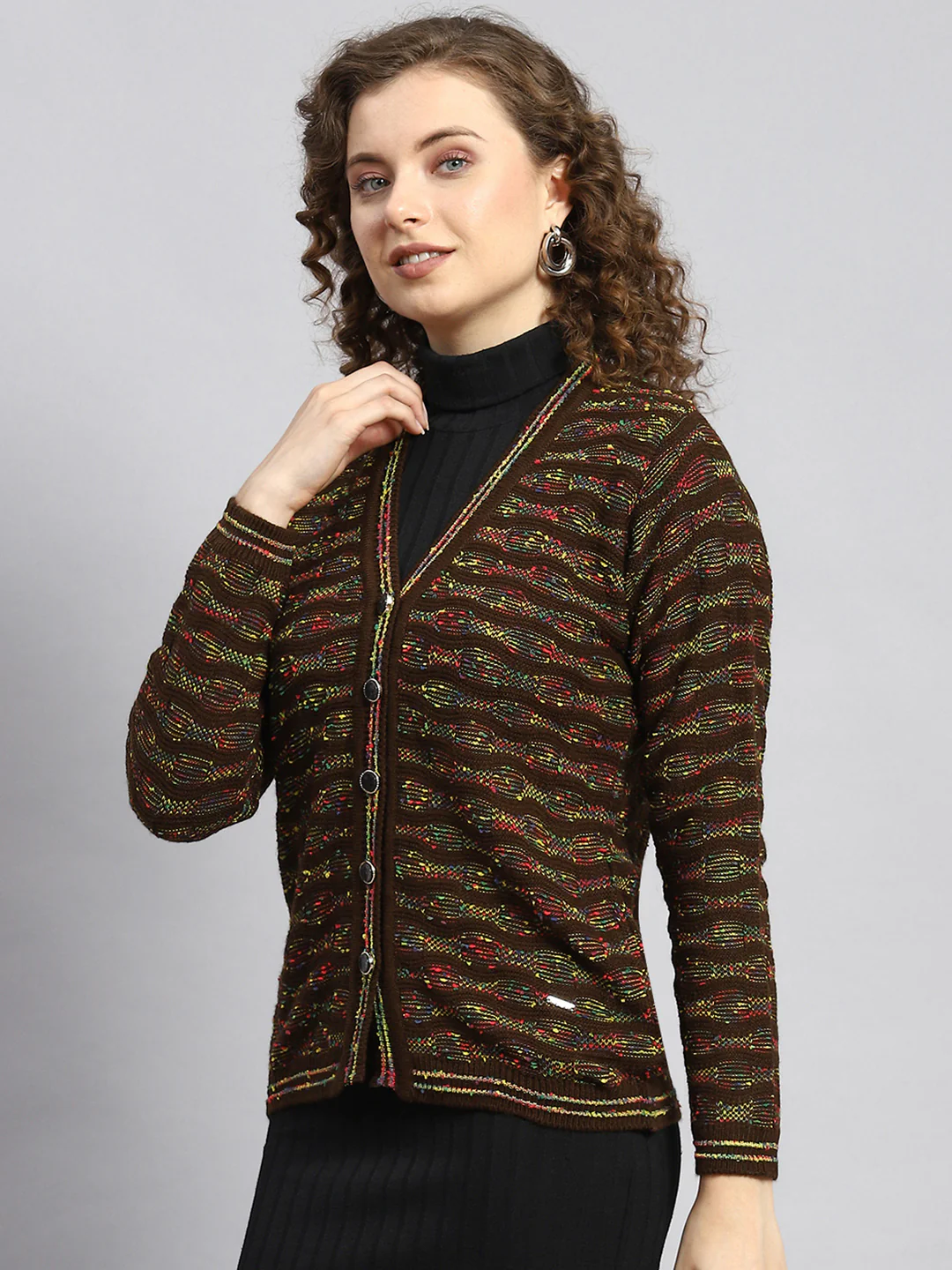 Women Brown Jaquard Cardigan - Image 4