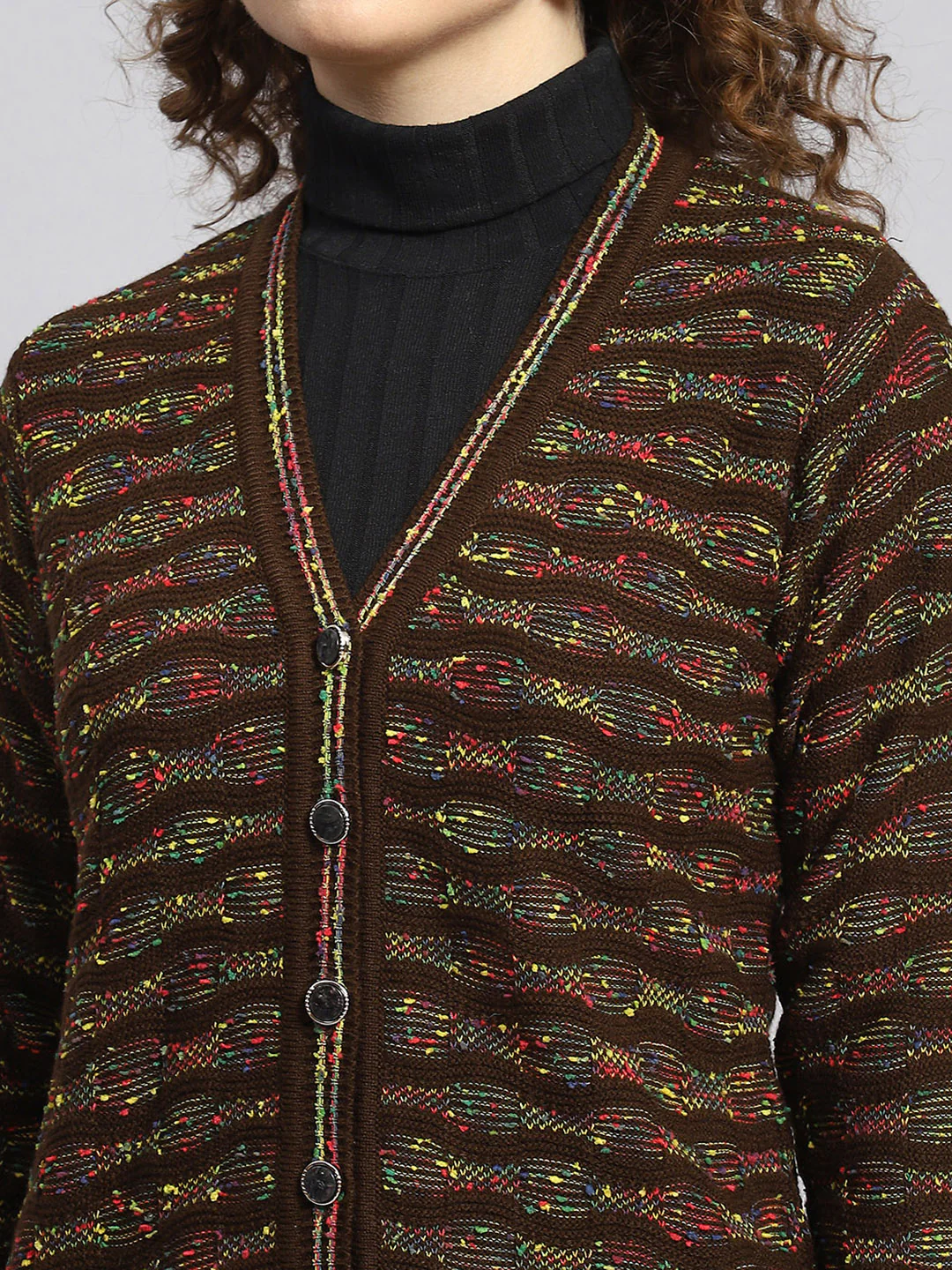 Women Brown Jaquard Cardigan - Image 6