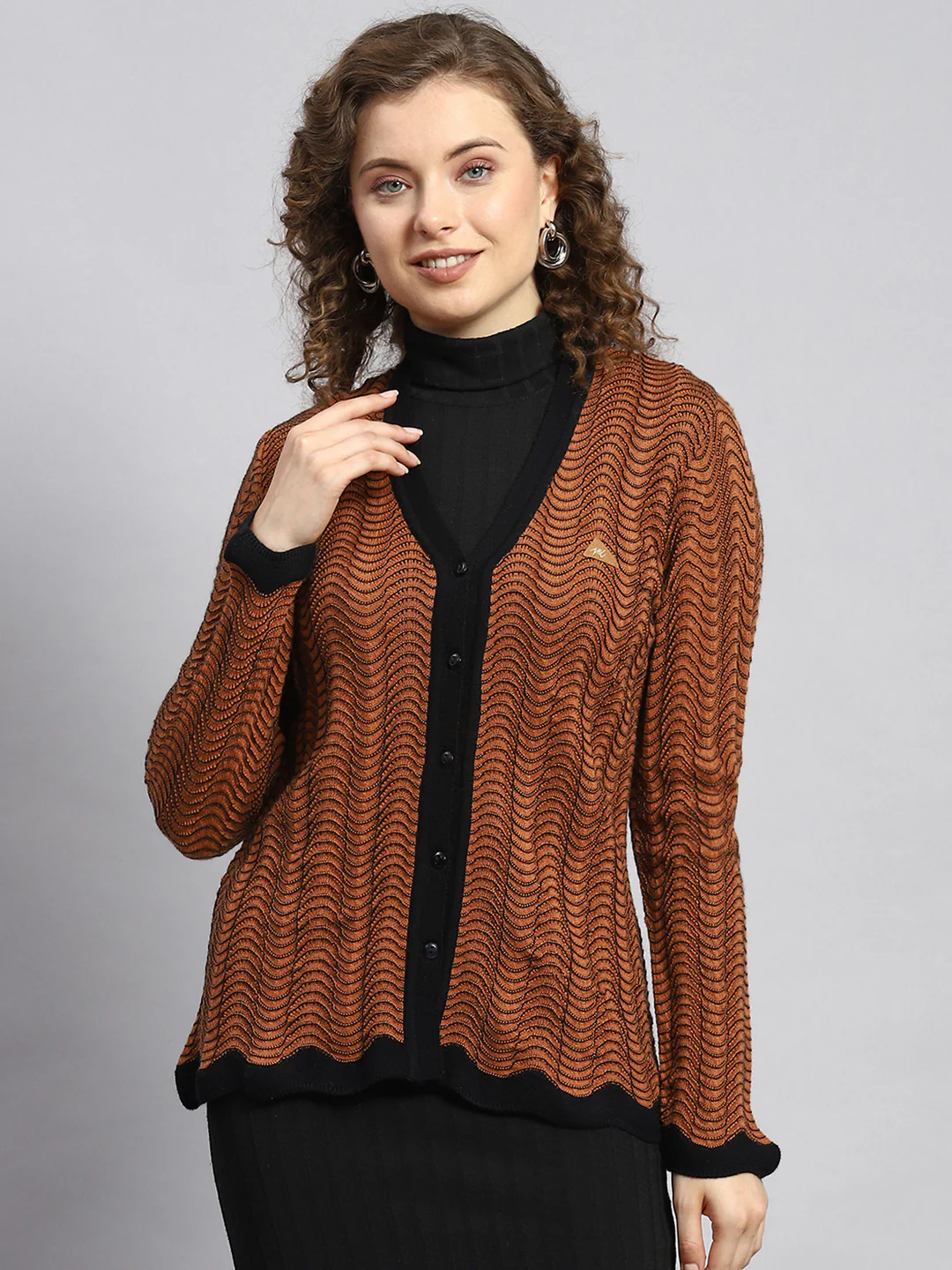 Women Brown Jaquard Cardigan - Image 2