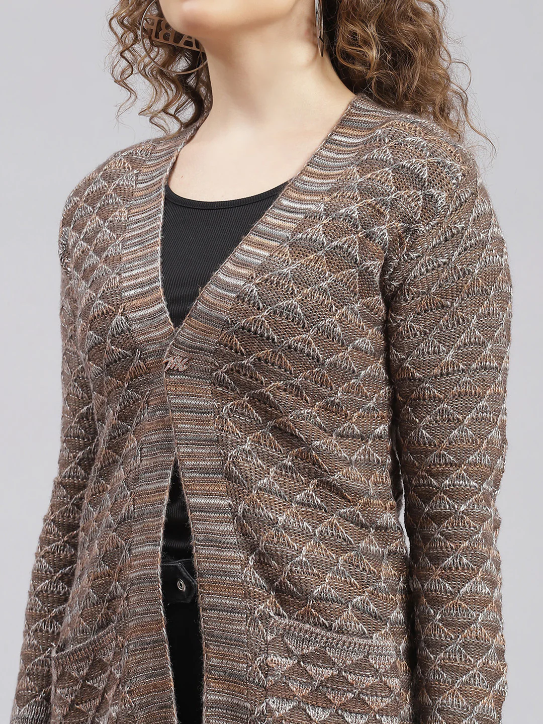 Women Brown Jaquard Wool blend Cardigan - Image 6