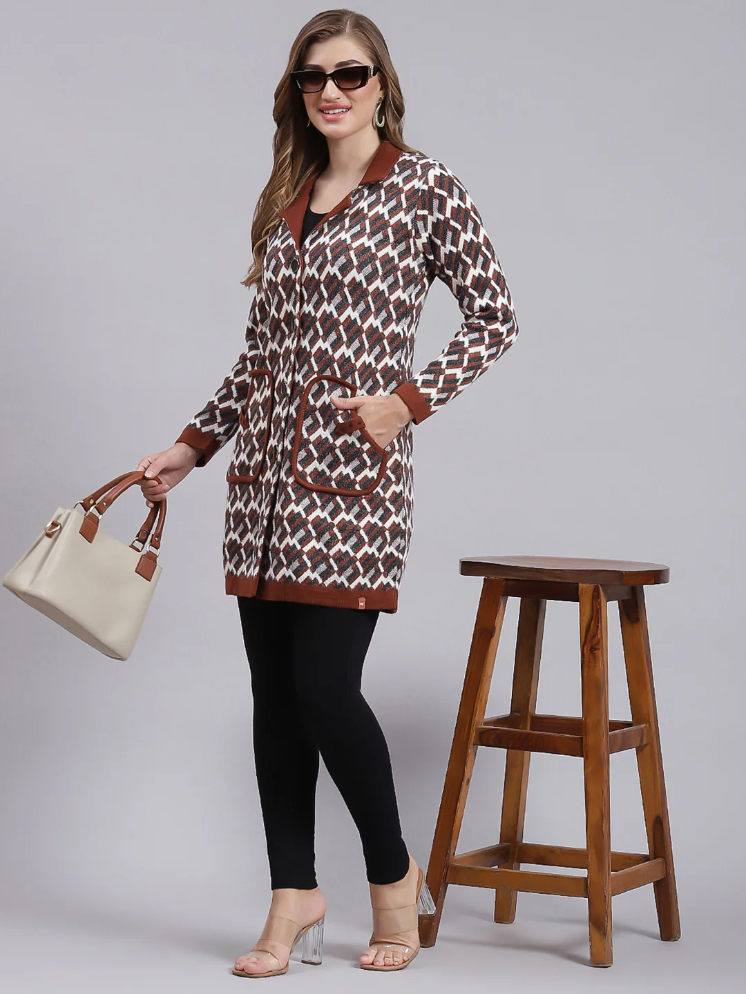 Women Brown Jaquard Wool blend Knitted Coat - Image 5