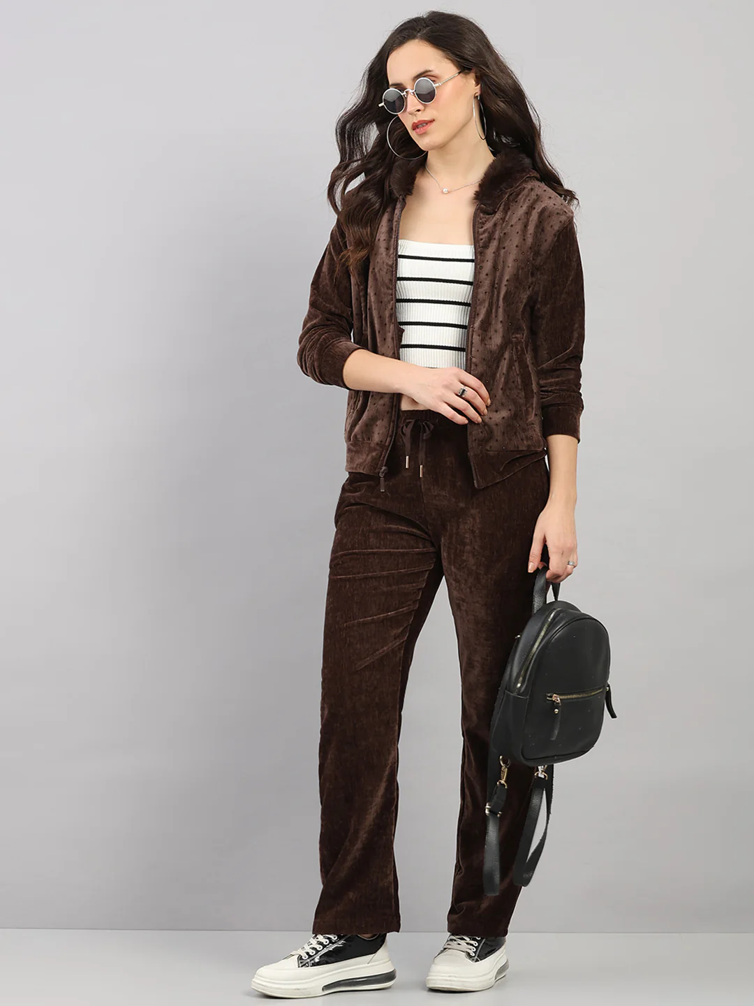 Women Brown Polka Dots Hooded Full Sleeve Winter Tracksuit - Image 2