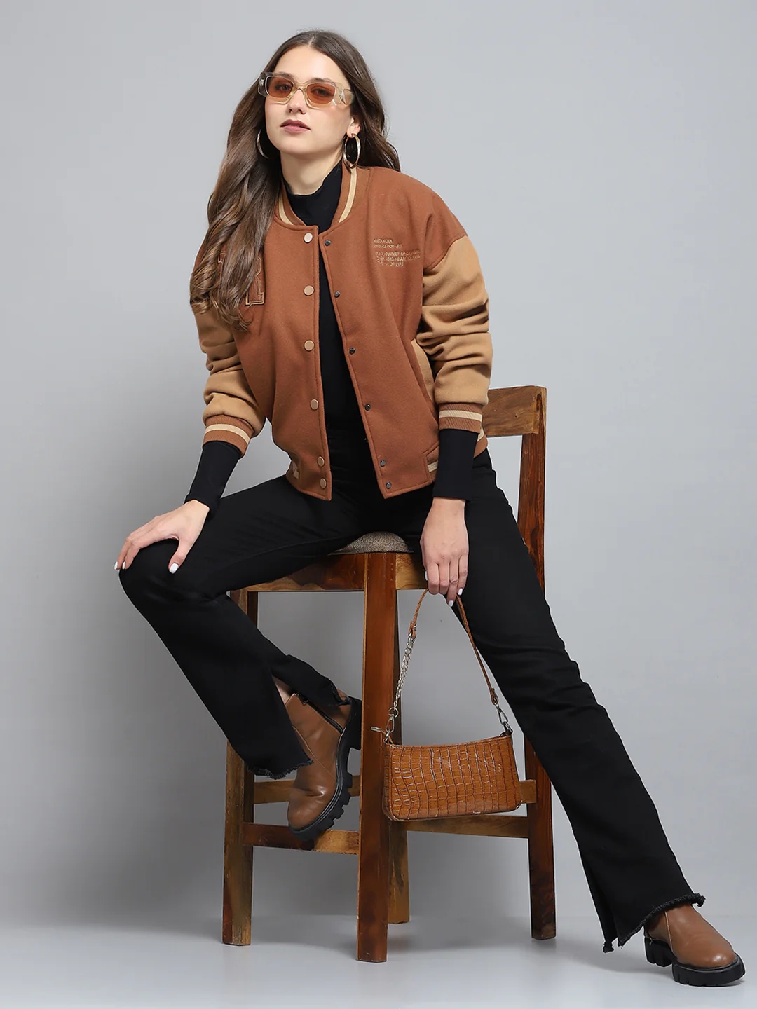 Rock.it Women Brown Printed Band Collar Full Sleeve Jacket - Image 2