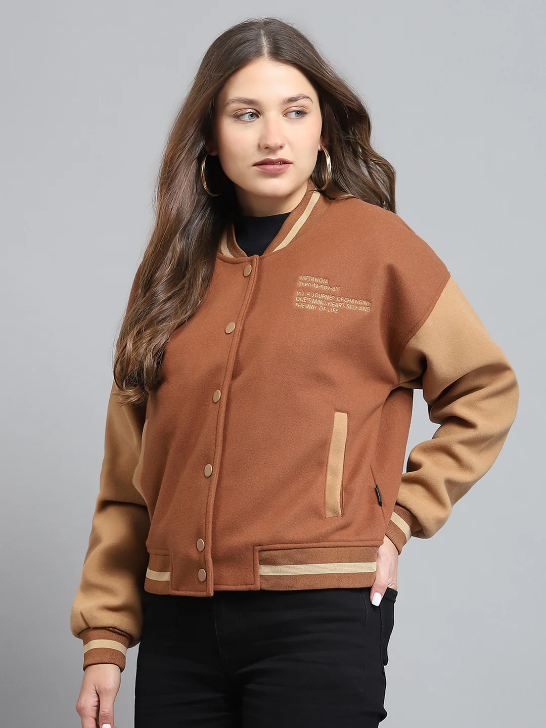 Rock.it Women Brown Printed Band Collar Full Sleeve Jacket - Image 3