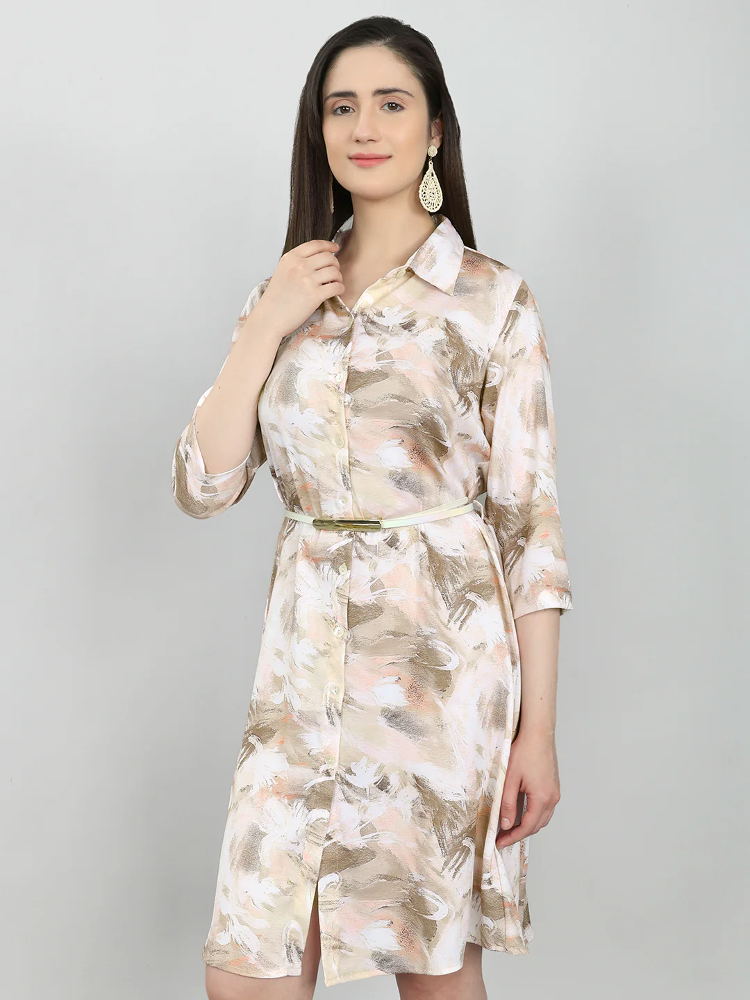 Women Brown Printed Collar 3/4th Sleeve Tunic - Image 2