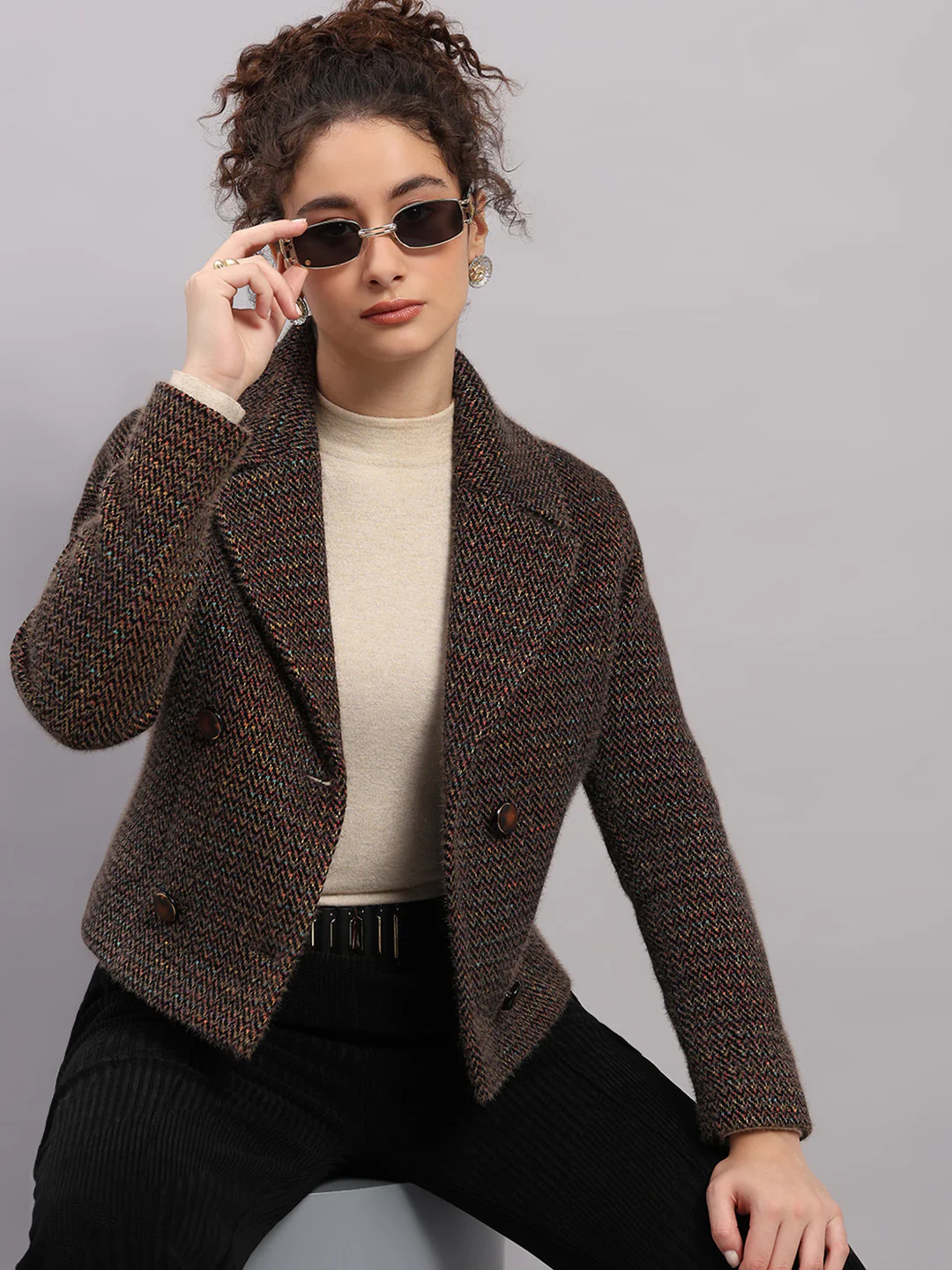 Women Brown Printed Collar Full Sleeve Coat - Image 6