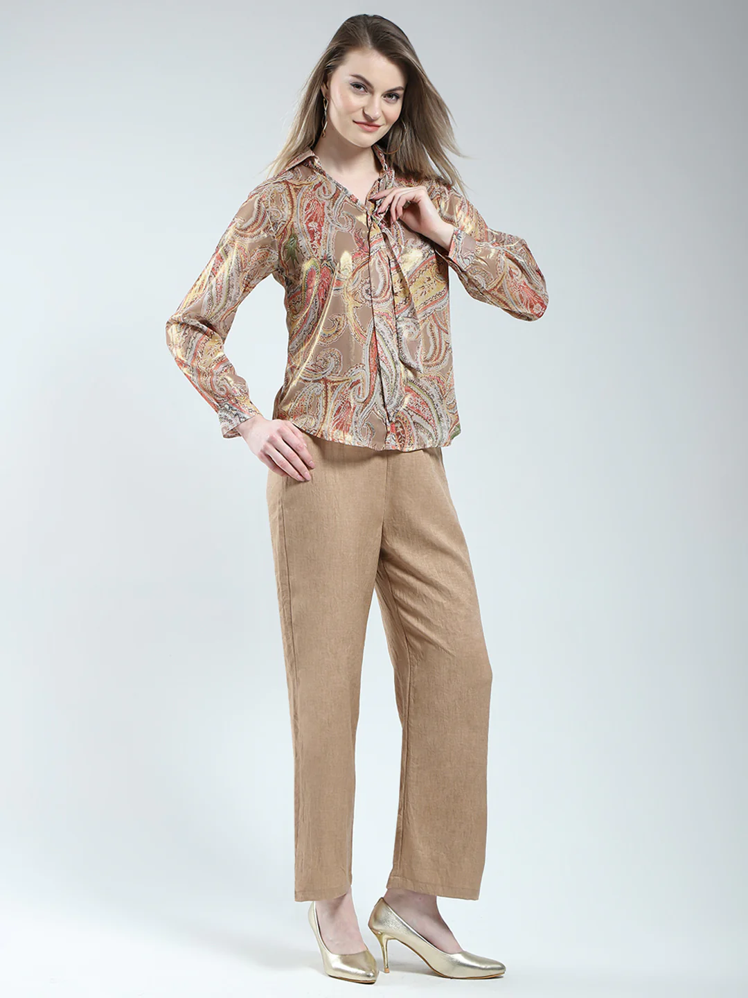 Women Brown Printed Collar Full Sleeve Cords Set - Image 4