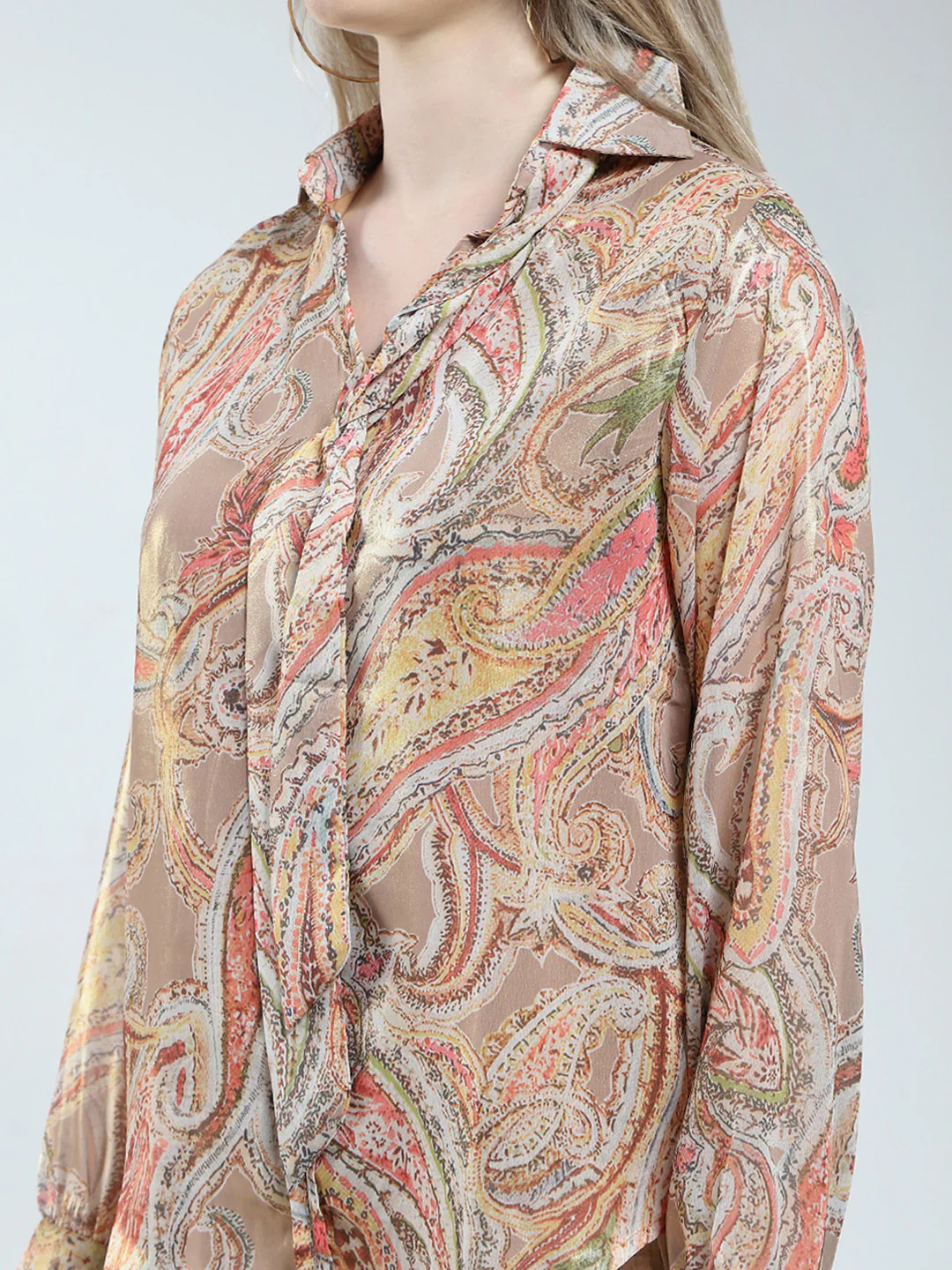 Women Brown Printed Collar Full Sleeve Cords Set - Image 7