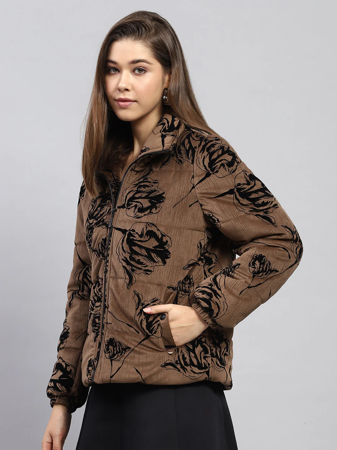 Women Brown Printed Collar Full Sleeve Jacket - Image 3