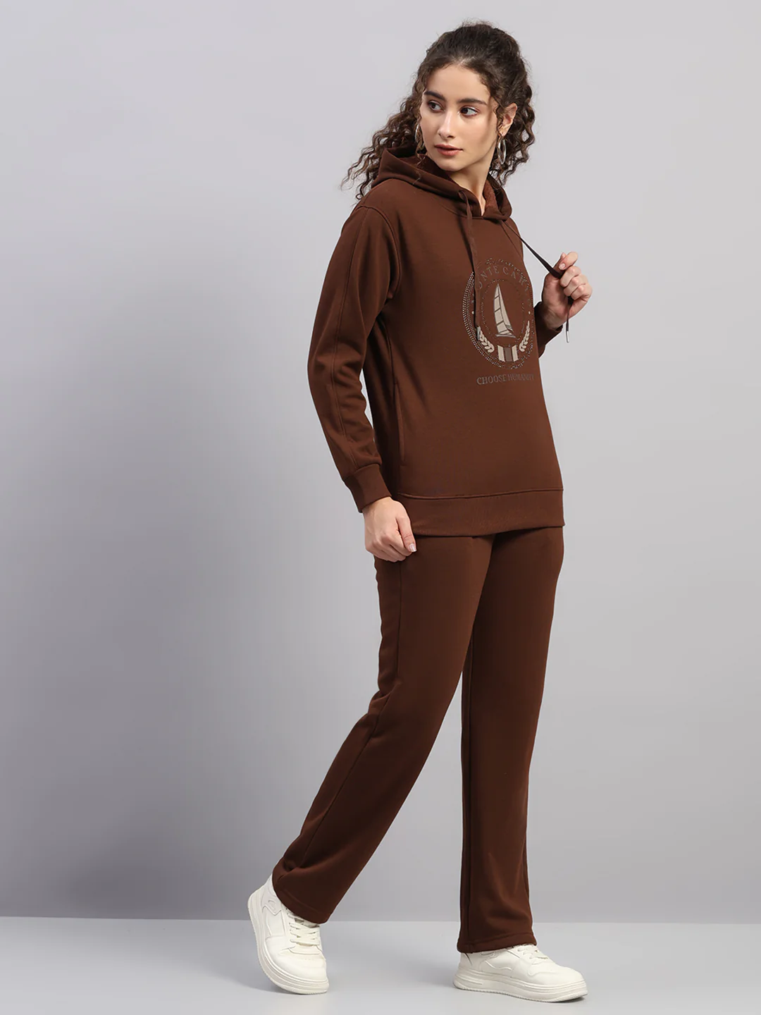 Women Brown Printed Hooded Full Sleeve Cords Set - Image 5