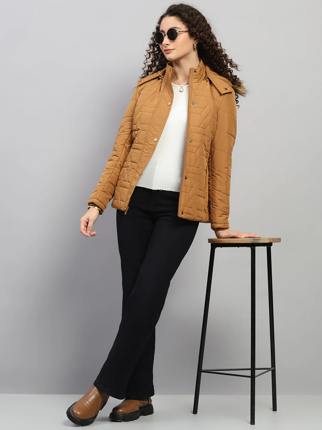 Women Brown Printed Hooded Full Sleeve Jacket - Image 2