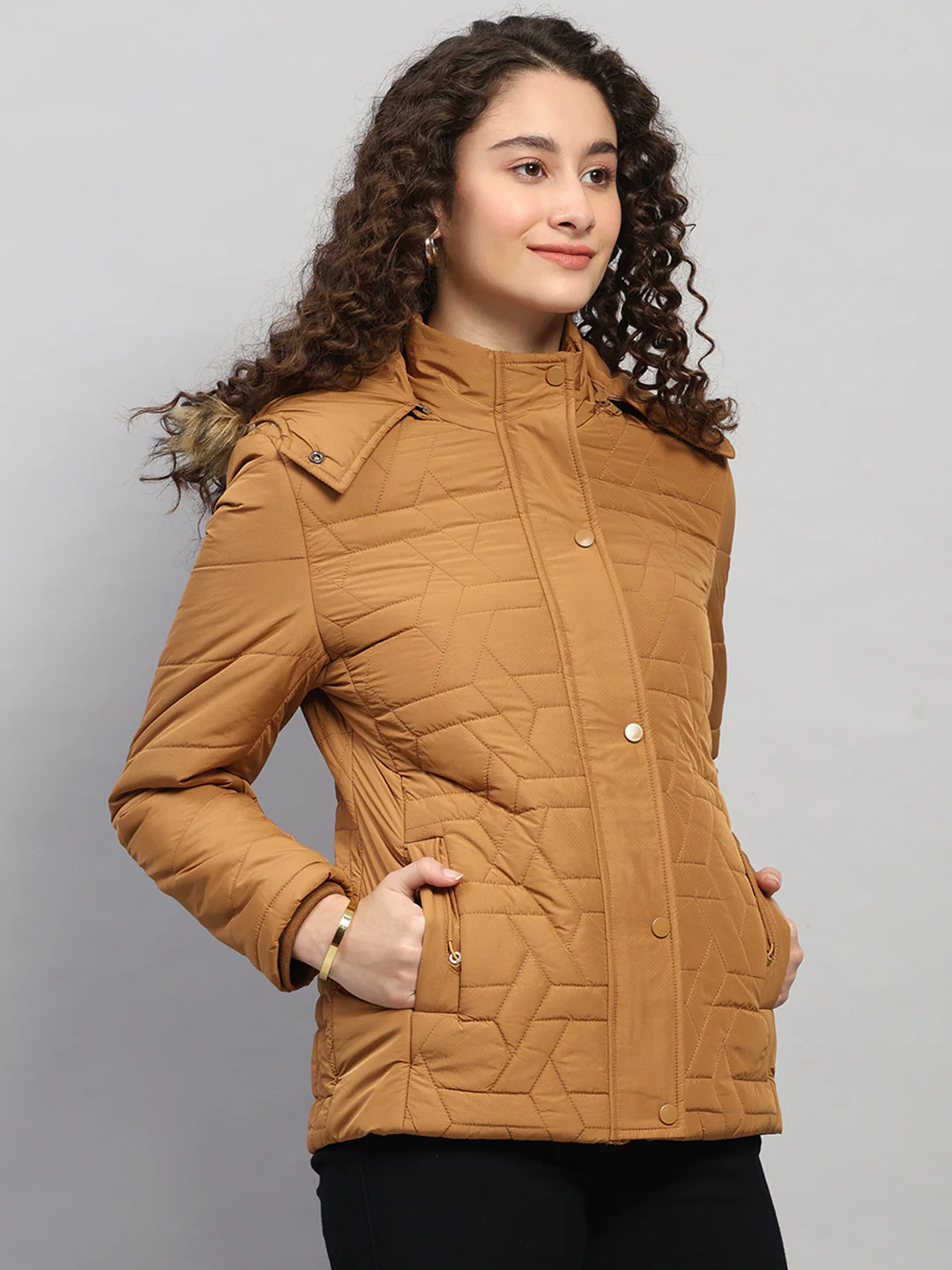 Women Brown Printed Hooded Full Sleeve Jacket - Image 4