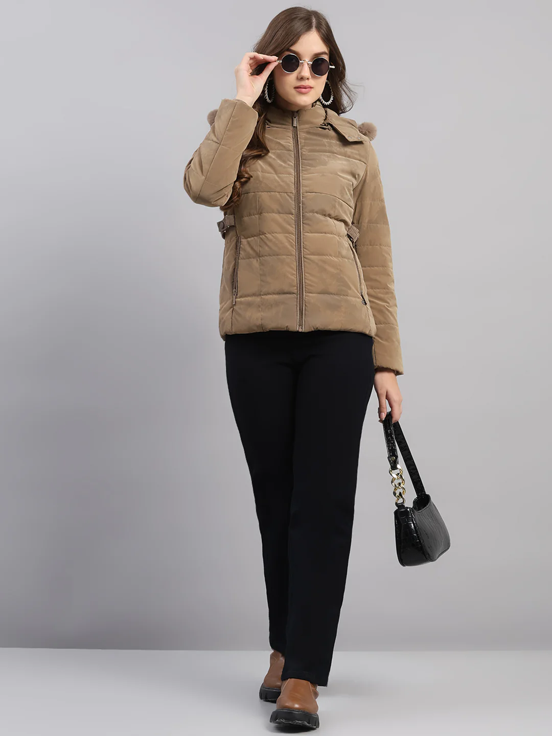Women Brown Printed Hooded Full Sleeve Jacket - Image 2