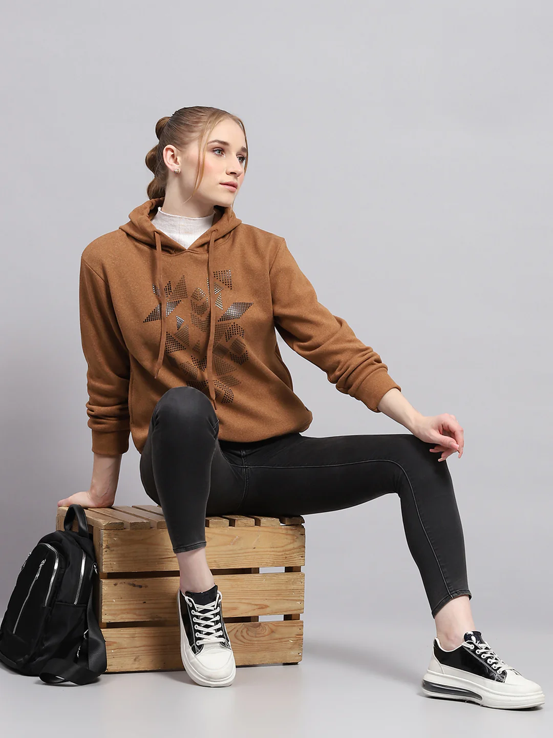 Women Brown Printed Hooded Full Sleeve Sweatshirt - Image 2