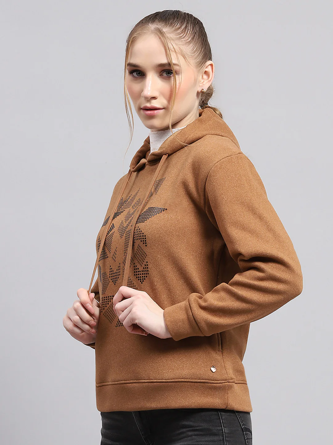 Women Brown Printed Hooded Full Sleeve Sweatshirt - Image 3