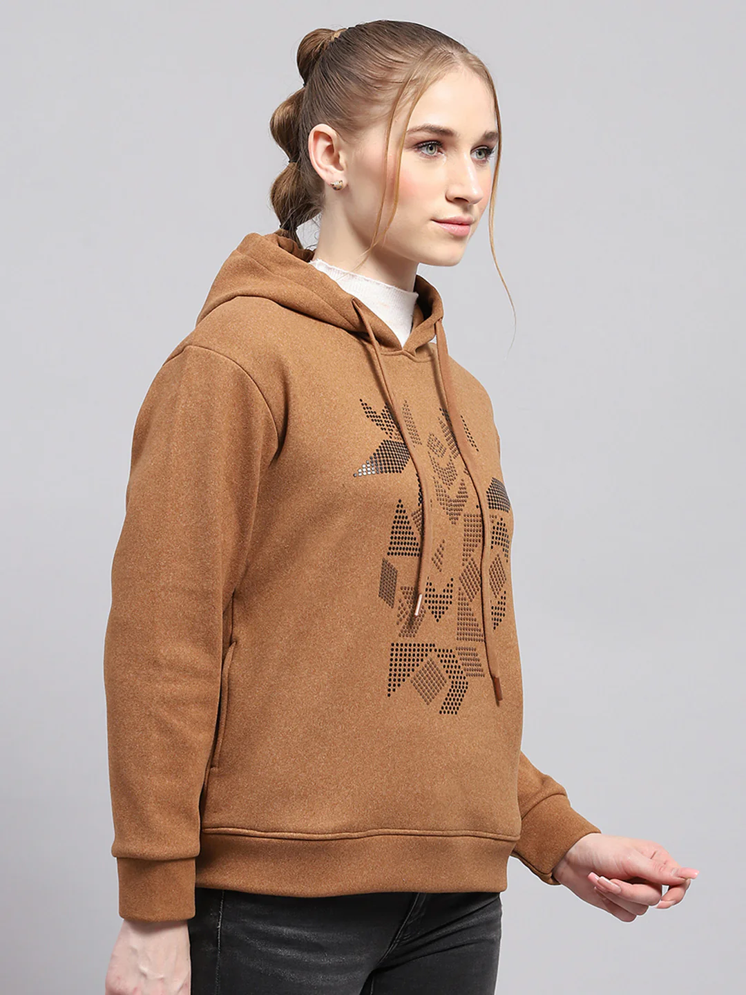Women Brown Printed Hooded Full Sleeve Sweatshirt - Image 4