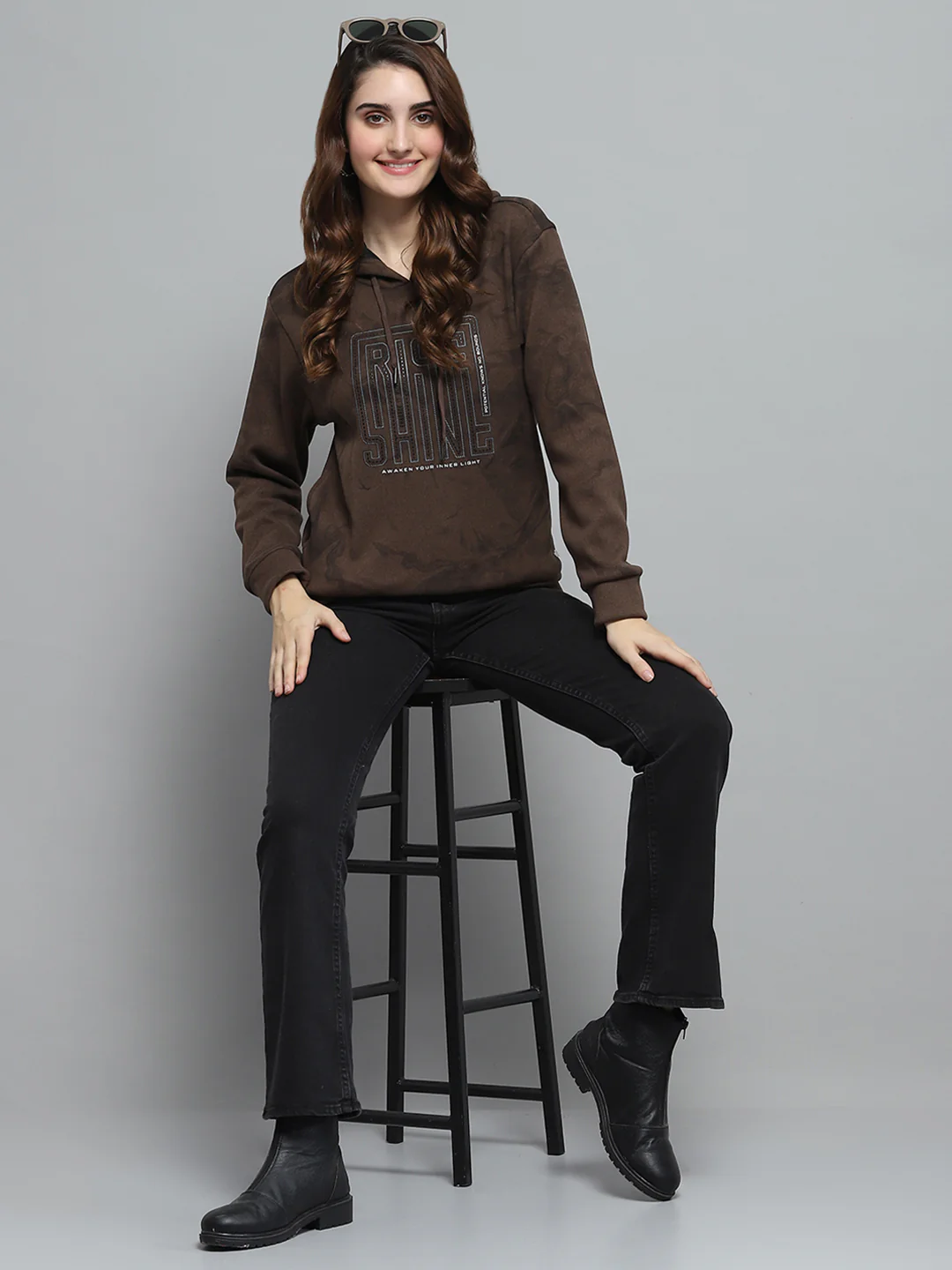 Women Brown Printed Hooded Full Sleeve Sweatshirt - Image 2