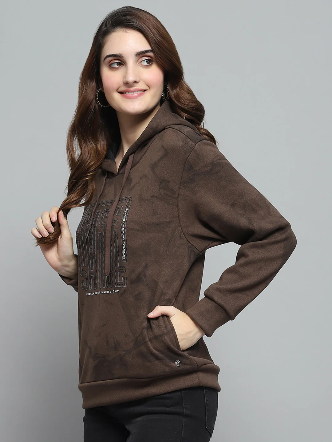 Women Brown Printed Hooded Full Sleeve Sweatshirt - Image 3
