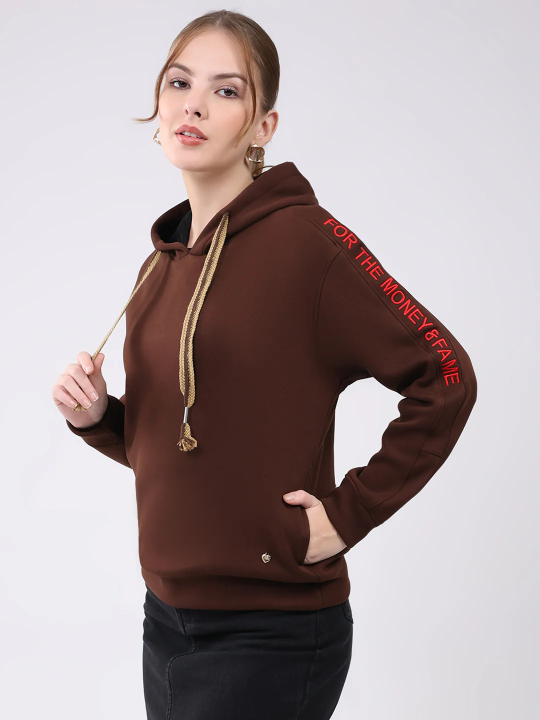 Women Brown Printed Hooded Full Sleeve Sweatshirt - Image 3
