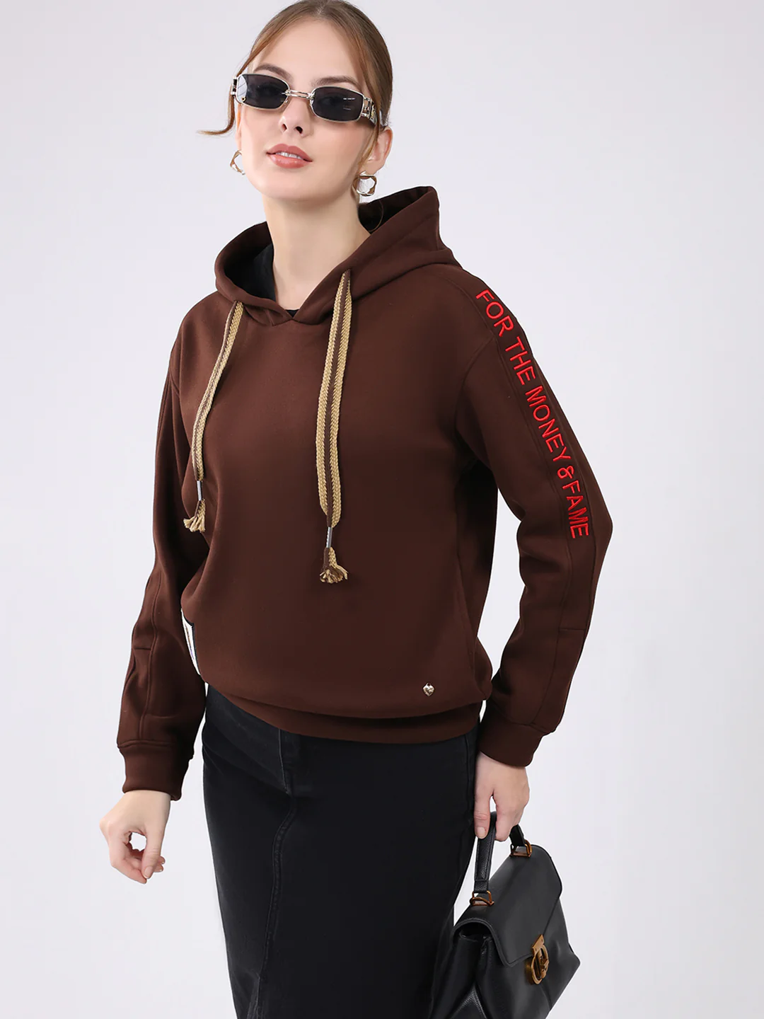 Women Brown Printed Hooded Full Sleeve Sweatshirt - Image 6