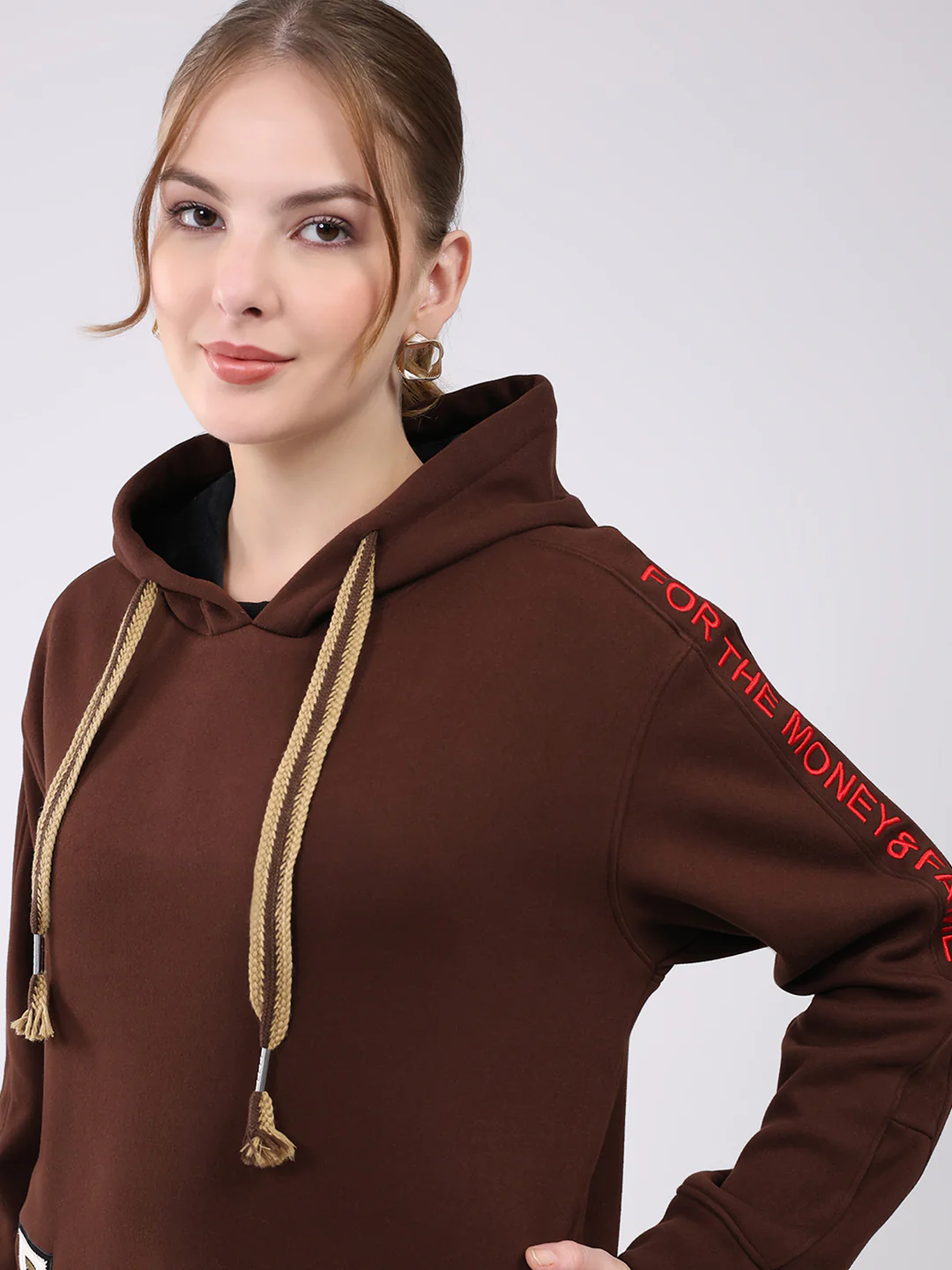 Women Brown Printed Hooded Full Sleeve Sweatshirt - Image 7