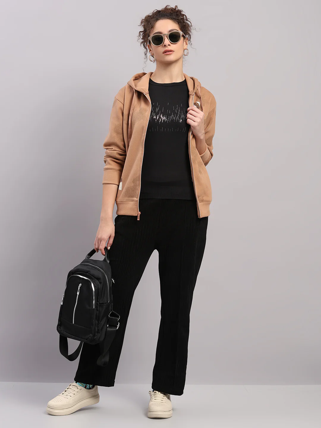 Women Brown Printed Hooded Full Sleeve Sweatshirt - Image 2