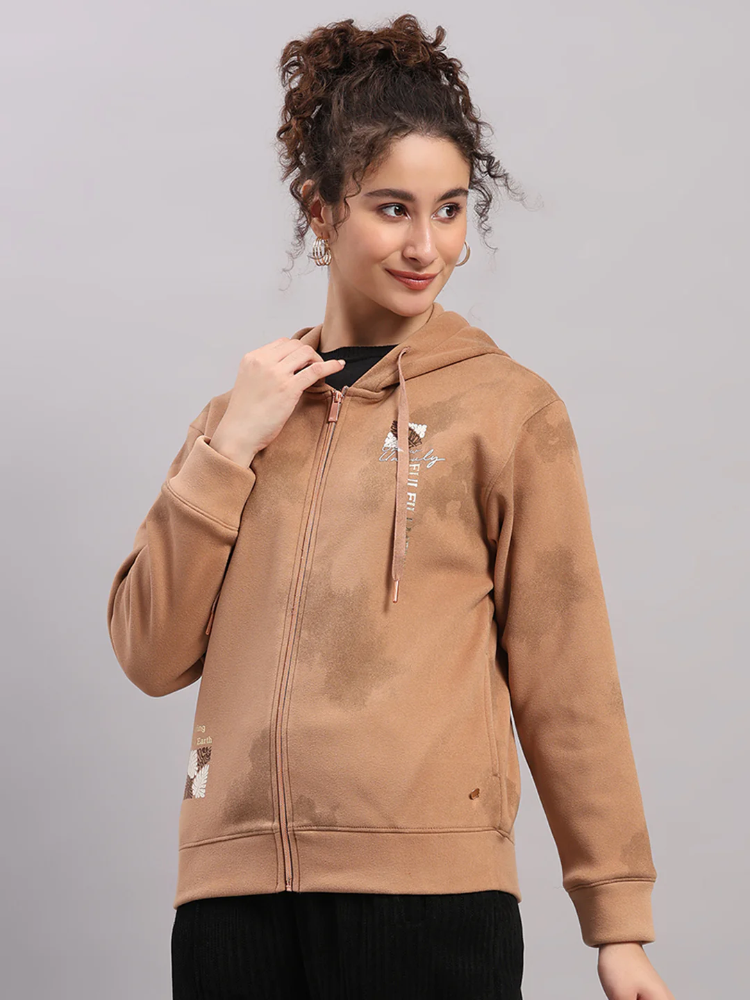 Women Brown Printed Hooded Full Sleeve Sweatshirt - Image 3
