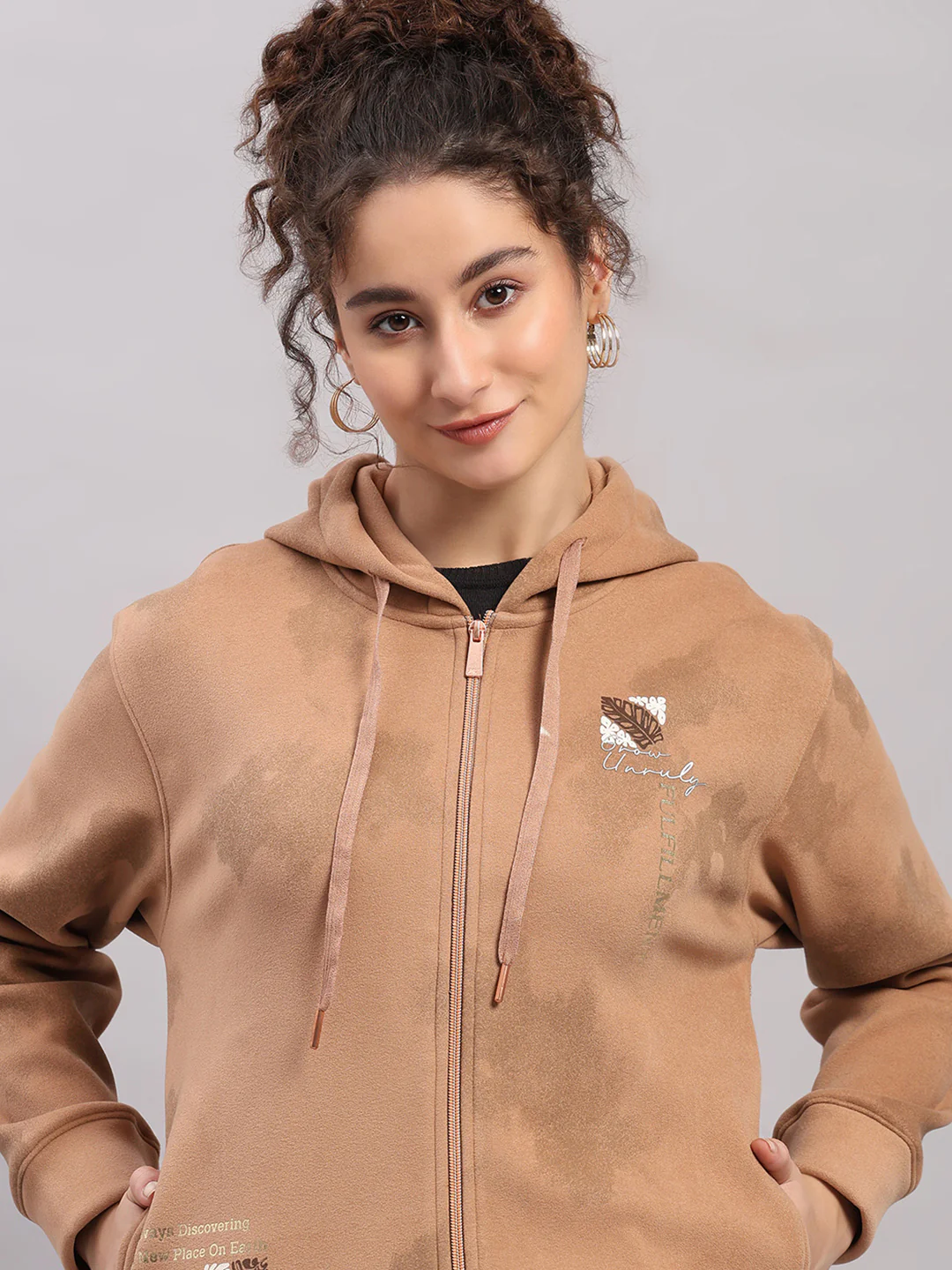 Women Brown Printed Hooded Full Sleeve Sweatshirt - Image 6