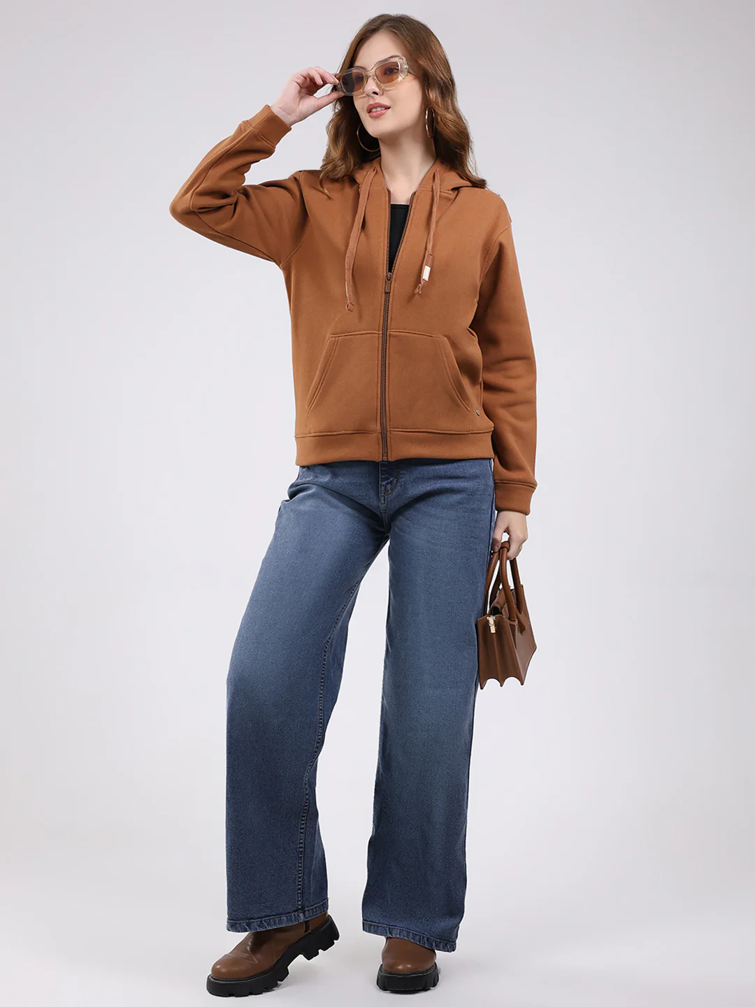 Women Brown Printed Hooded Full Sleeve Sweatshirt - Image 2