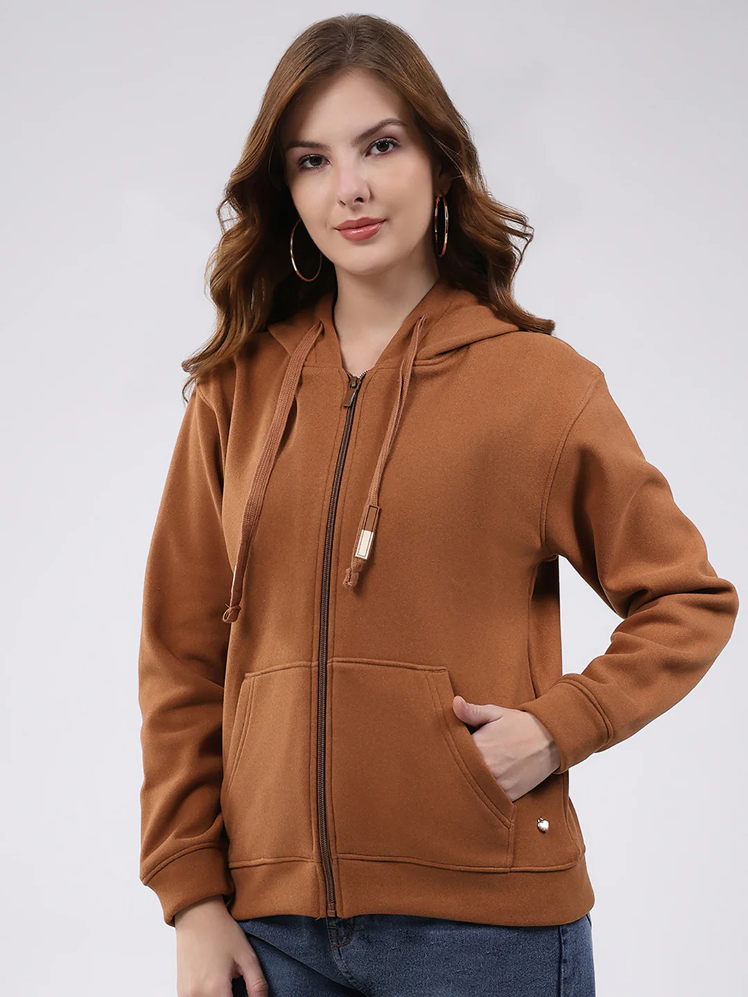 Women Brown Printed Hooded Full Sleeve Sweatshirt - Image 3