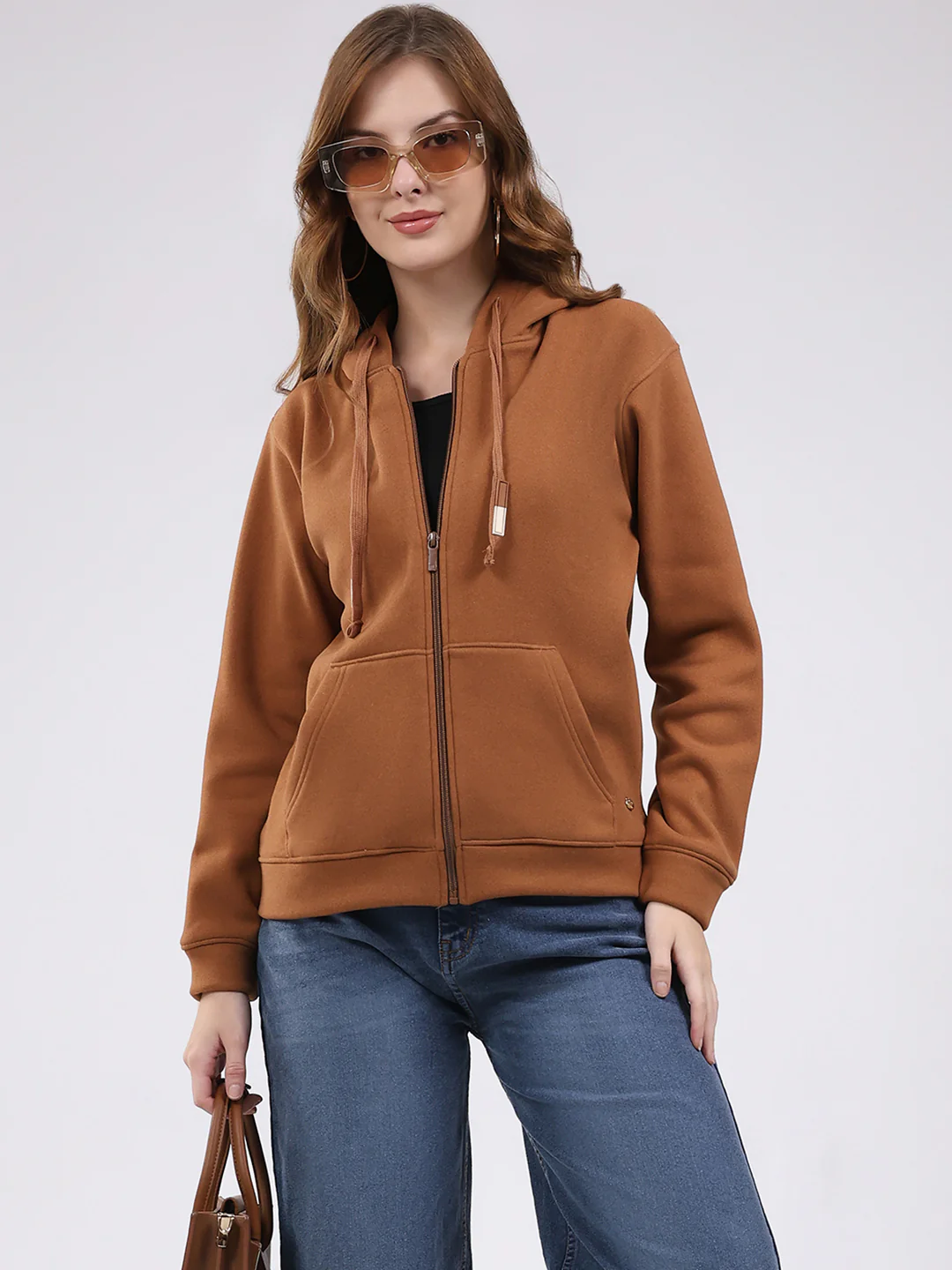 Women Brown Printed Hooded Full Sleeve Sweatshirt - Image 6