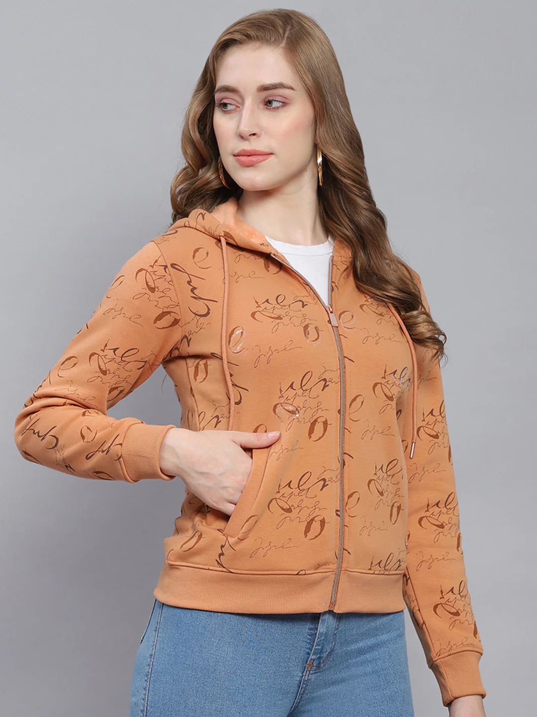 Women Brown Printed Hooded Full Sleeve Sweatshirts - Image 4