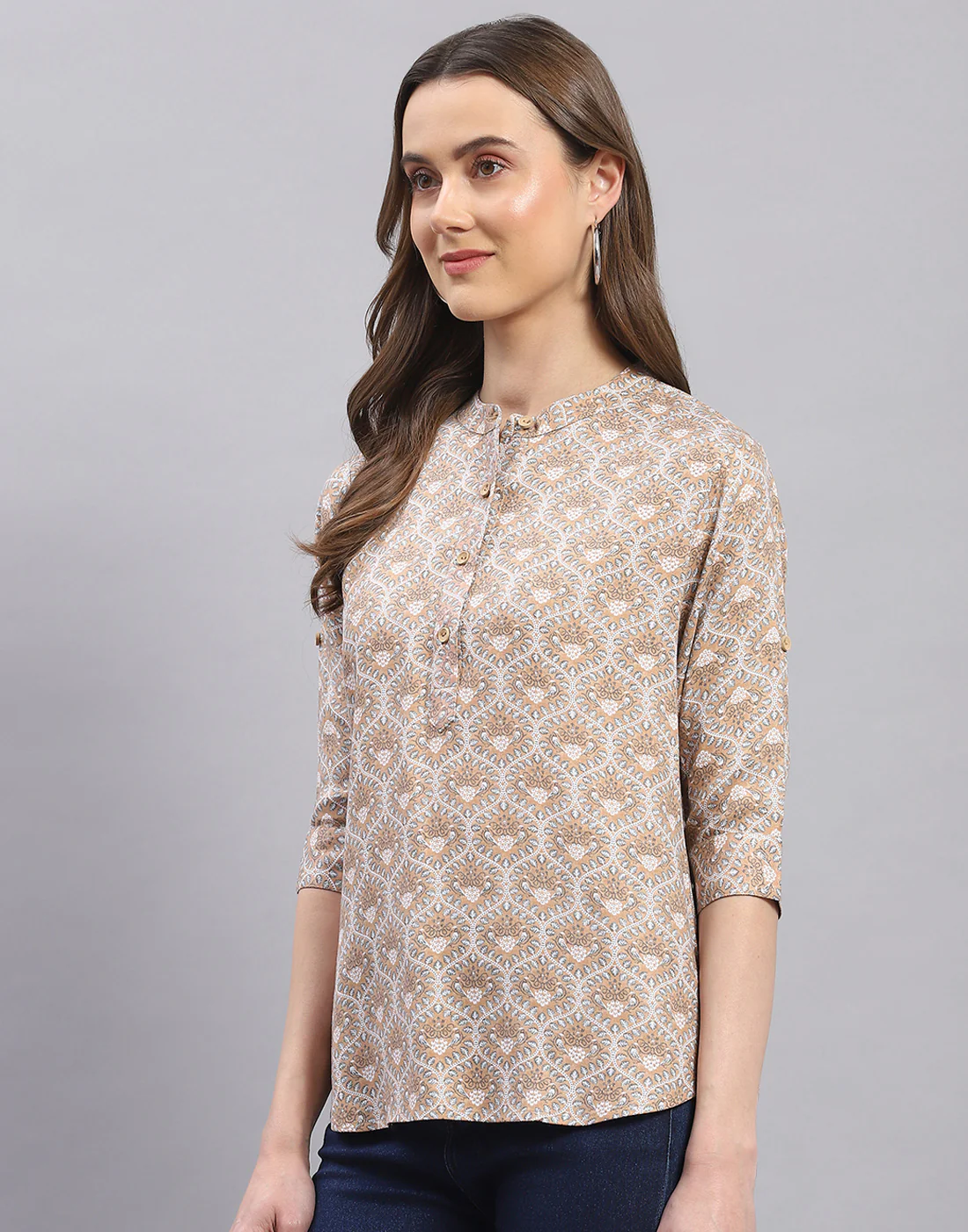 Women Brown Printed Mandarin Collar 3/4 Sleeve Top - Image 3