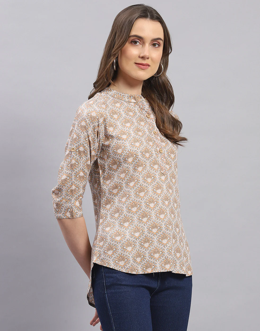 Women Brown Printed Mandarin Collar 3/4 Sleeve Top - Image 4
