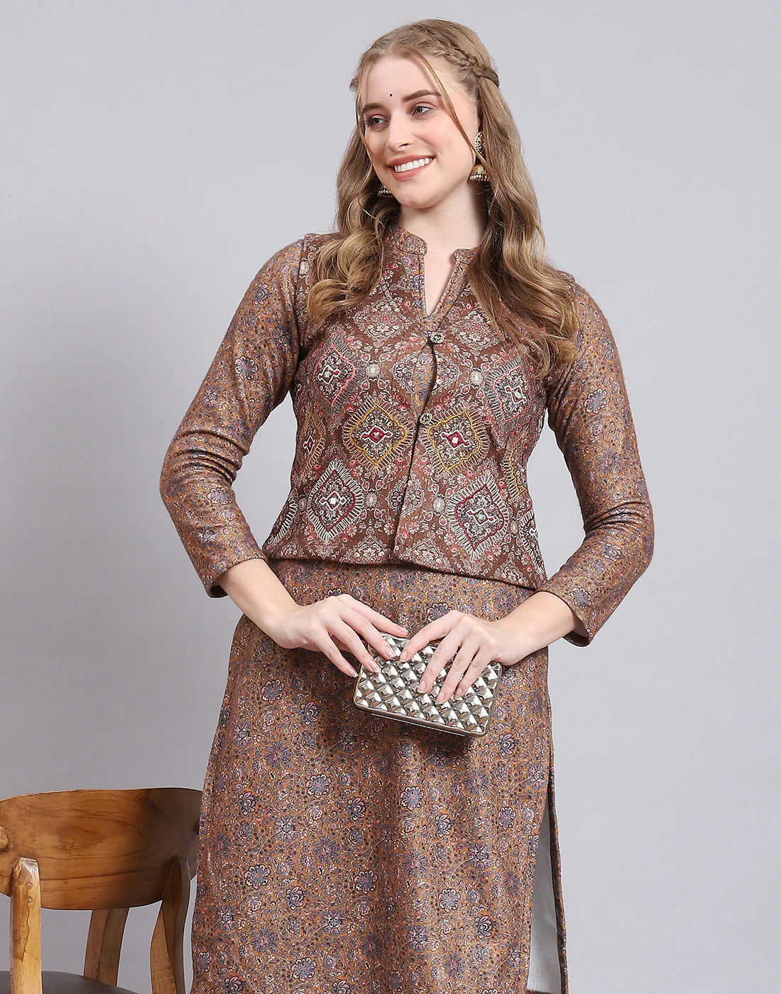 Women Brown Printed Mandarin Collar Full Sleeve Kurtis Set - Image 2