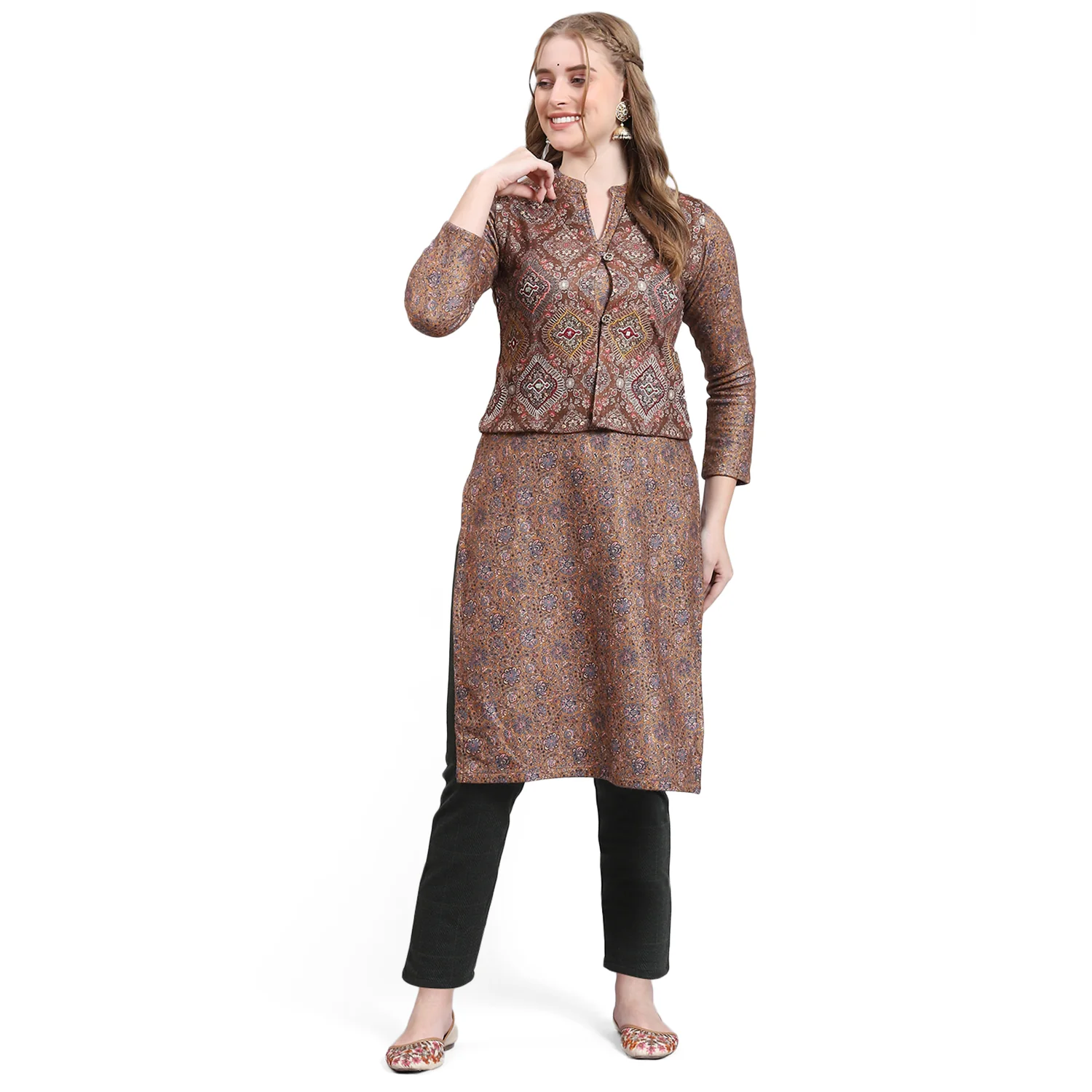 Women Brown Printed Mandarin Collar Full Sleeve Kurtis Set - Image 5