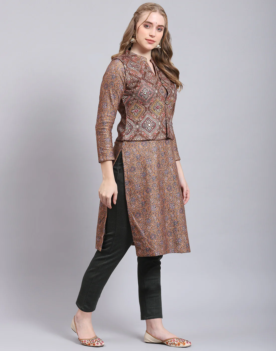 Women Brown Printed Mandarin Collar Full Sleeve Kurtis Set - Image 6