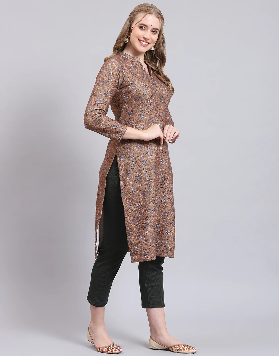Women Brown Printed Mandarin Collar Full Sleeve Kurtis Set - Image 8